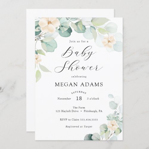 Eucalyptus and White Flowers Baby Shower Invitatio Invitation