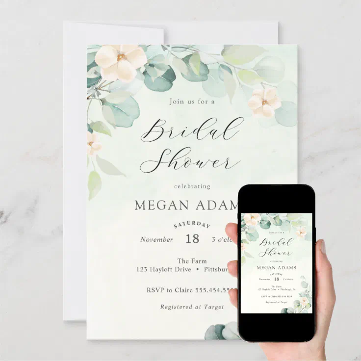 Eucalyptus and White Flowers Bridal Shower Invitation (Downloadable)