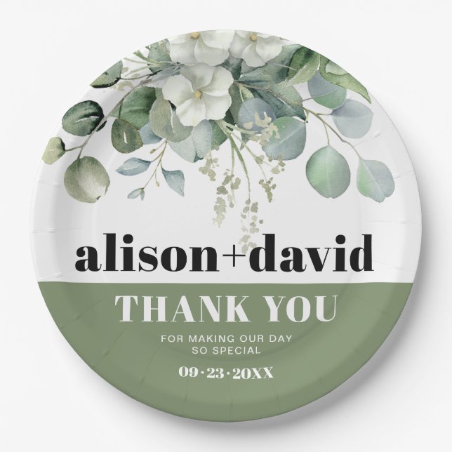 Eucalyptus and white flowers typography wedding paper plates (Front)