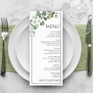 Eucalyptus and white flowers wedding menu card