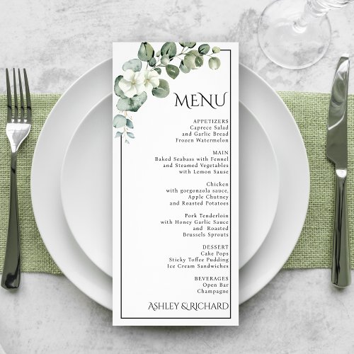 Eucalyptus and white flowers wedding menu card