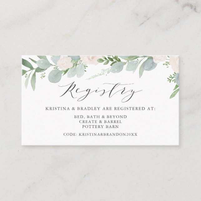 Eucalyptus and White Flowers Wedding Registry Card (Front)