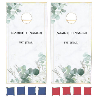 Eucalyptus and White Roses Marble Wedding Cornhole Set