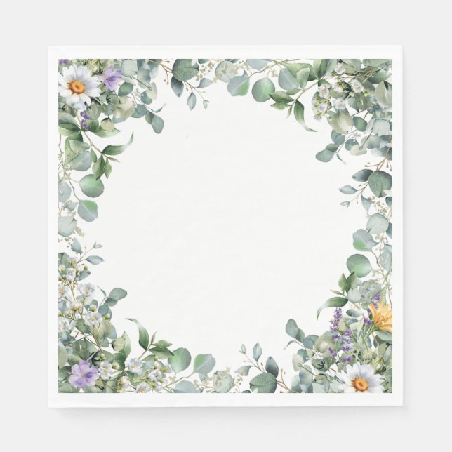 Eucalyptus and Wildflower Elegant Wedding Cocktail Napkins (Front)