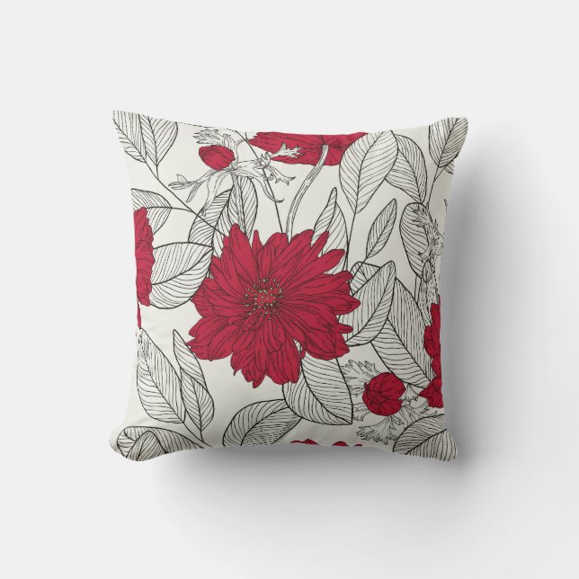 Eucalyptus Anemone Floral Line Art Throw Pillow (Front)