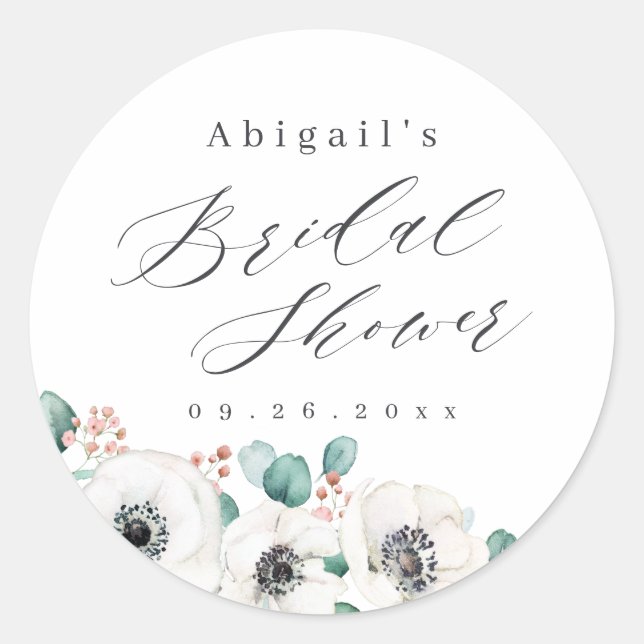 Eucalyptus anemone floral rustic bridal shower classic round sticker (Front)