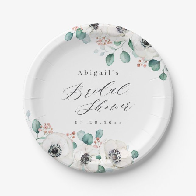 Eucalyptus anemone floral rustic bridal shower paper plates (Front)