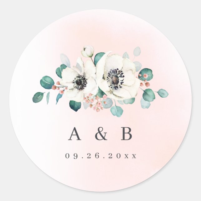 Eucalyptus anemone floral rustic monogram  classic classic round sticker (Front)