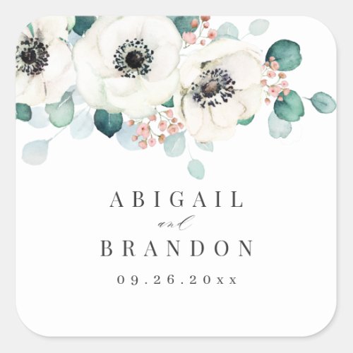 Eucalyptus anemone floral rustic monogram square sticker