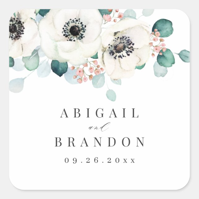 Eucalyptus anemone floral rustic monogram square sticker (Front)