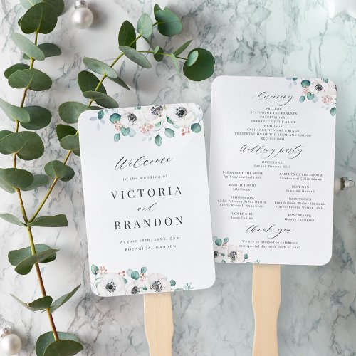 Eucalyptus anemone floral rustic wedding programs  hand fan