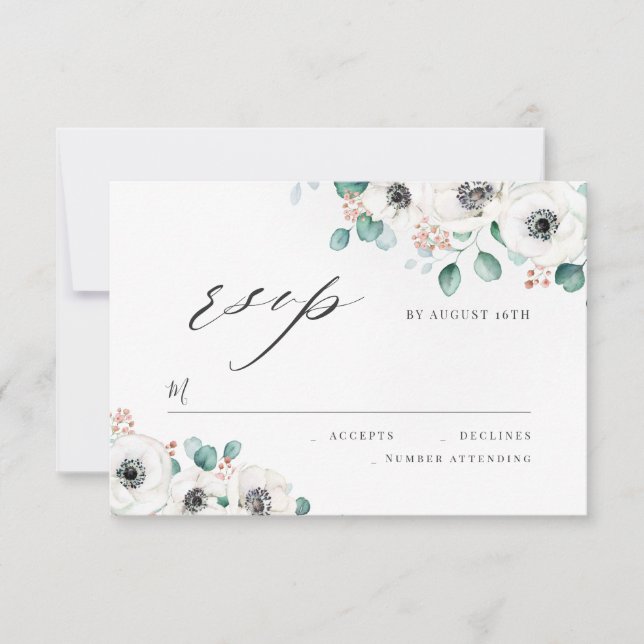 Eucalyptus anemone floral rustic wedding RSVP (Front)