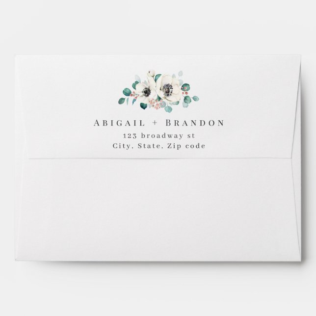 Eucalyptus anemone floral wedding envelope (Back (Top Flap))