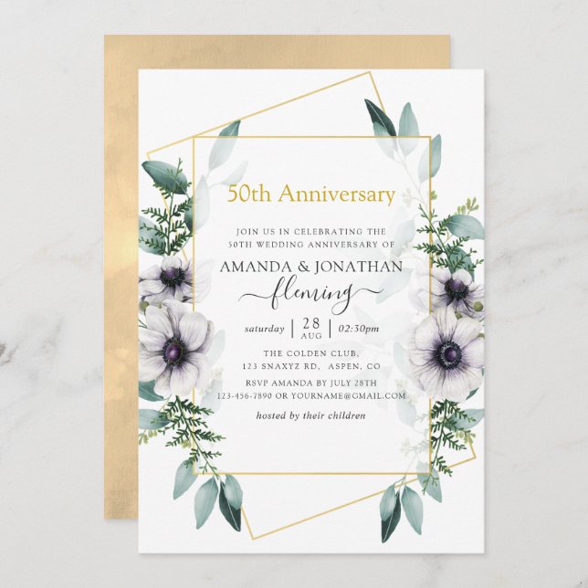 Eucalyptus Anemone Geometric 50th Anniversary Invitation (Front/Back)