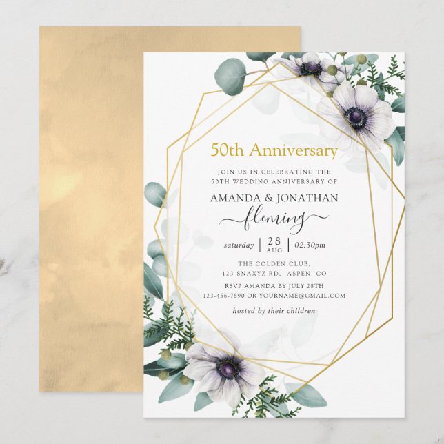 Eucalyptus Anemone Geometric 50th Anniversary Invitation (Front/Back)