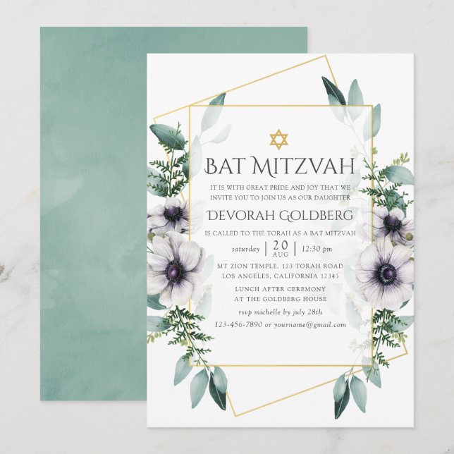 Eucalyptus Anemone Geometric Bat Mitzvah Invitation (Front/Back)