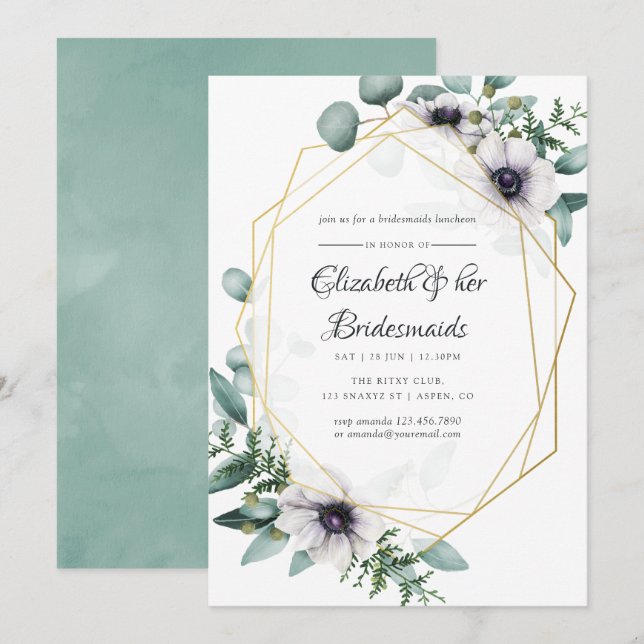 Eucalyptus Anemone Geometric Bridesmaids Luncheon Invitation (Front/Back)