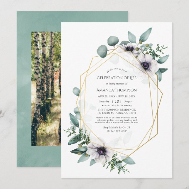 Eucalyptus Anemone Geometric Celebration of Life Invitation (Front/Back)