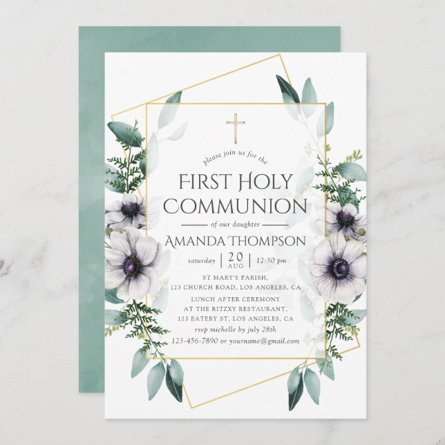 Eucalyptus Anemone Geometric First Holy Communion Invitation (Front/Back)