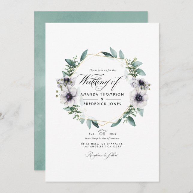 Eucalyptus Anemone Geometric QR Code RSVP Wedding Invitation (Front/Back)