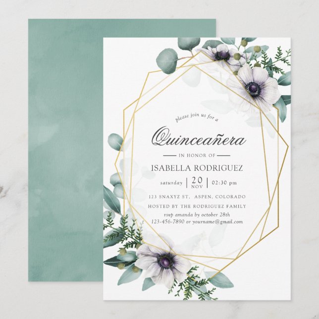 Eucalyptus Anemone Geometric Quinceañera Invitation (Front/Back)