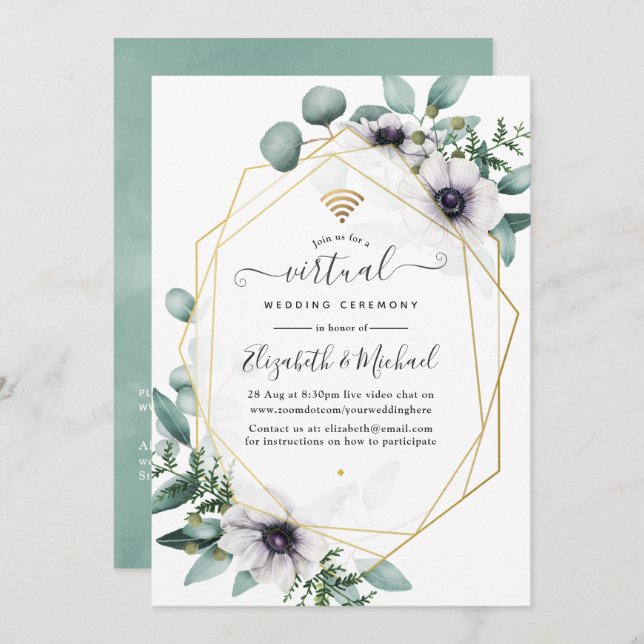 Eucalyptus Anemone Geometric Virtual Wedding Invitation (Front/Back)