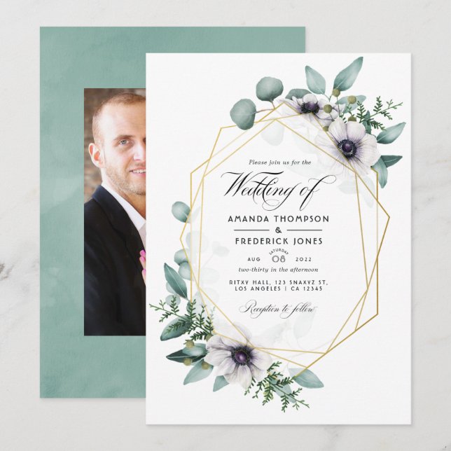 Eucalyptus Anemone Geometric Wedding Photo Invitation (Front/Back)