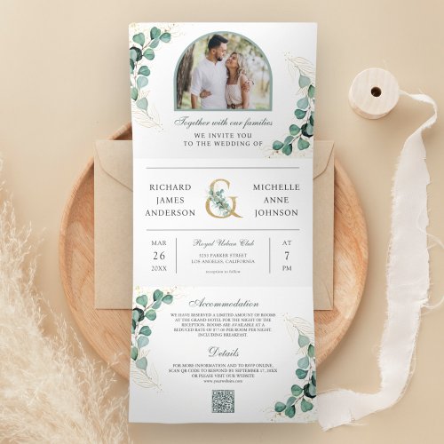 Eucalyptus Arch Photo All in One QR Code Wedding Tri_Fold Invitation