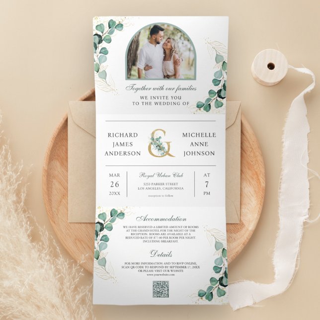 Eucalyptus Arch Photo All in One QR Code Wedding Tri-Fold Invitation (Creator Uploaded)