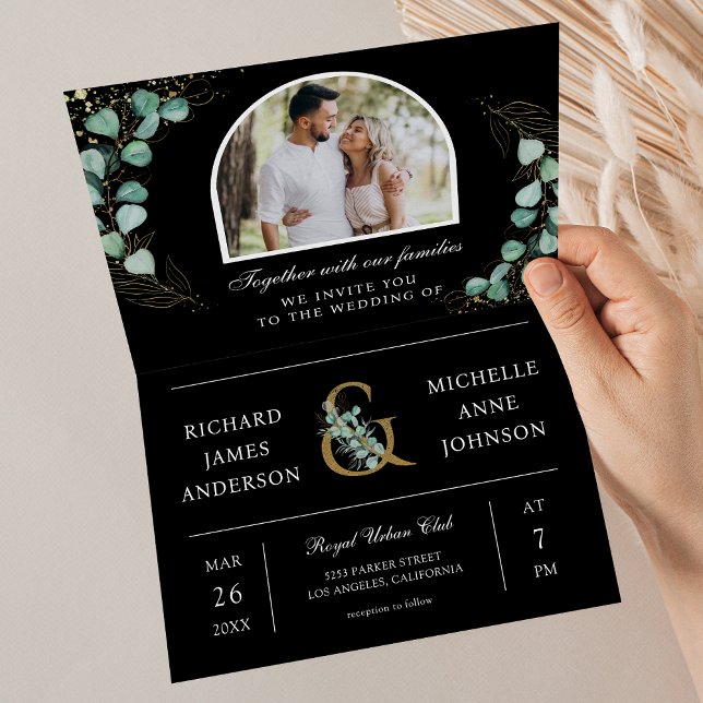 Eucalyptus Arch Photo Black QR Code Wedding Invitation (Creator Uploaded)