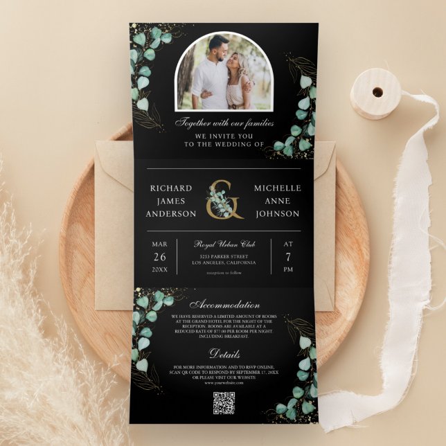 Eucalyptus Arch Photo Black QR Code Wedding Tri-Fold Invitation (Creator Uploaded)