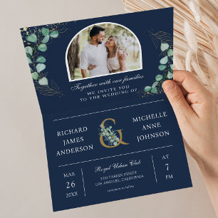 Eucalyptus Arch Photo Navy Blue QR Code Wedding Invitation