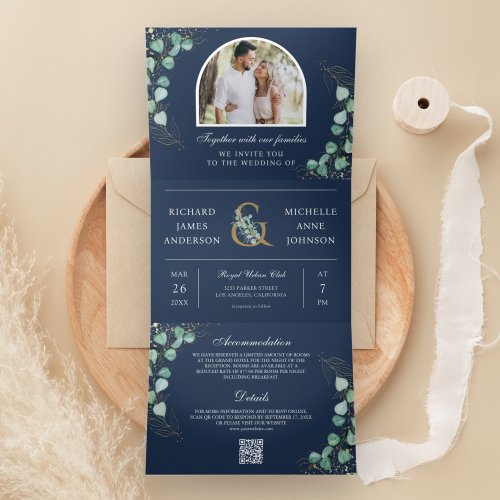 Eucalyptus Arch Photo Navy Blue QR Code Wedding Tri_Fold Invitation