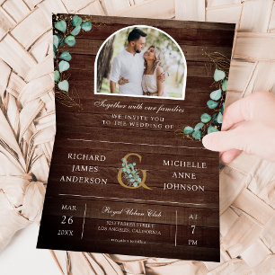 Eucalyptus Arch Photo Rustic Wood QR Code Wedding Invitation