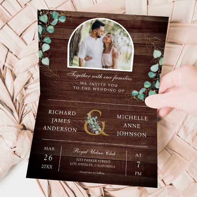 Eucalyptus Arch Photo Rustic Wood QR Code Wedding Invitation (Creator Uploaded)