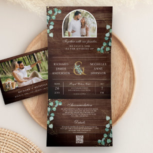 Eucalyptus Arch Photo Rustic Wood QR Code Wedding Tri-Fold Invitation