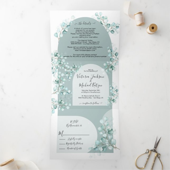 Eucalyptus Arch Wedding Tri-Fold all in one invite (Inside)