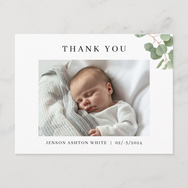 Eucalyptus baby birth announcement photo card (Front)