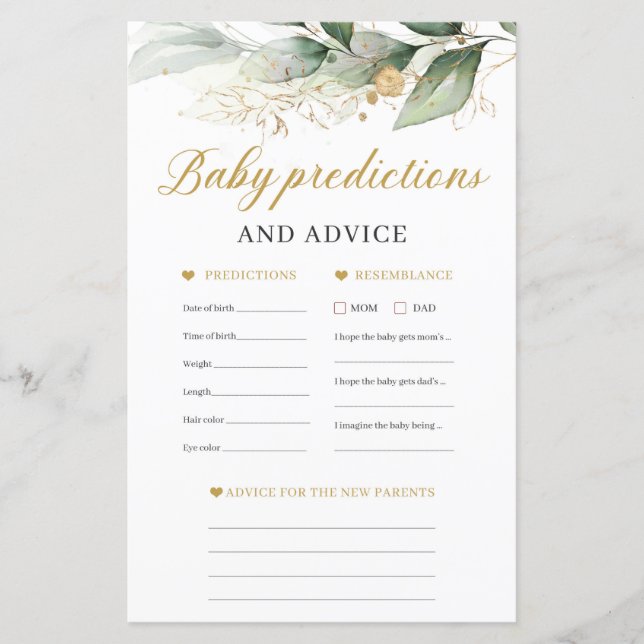 Eucalyptus baby predictions and advice game (Front)