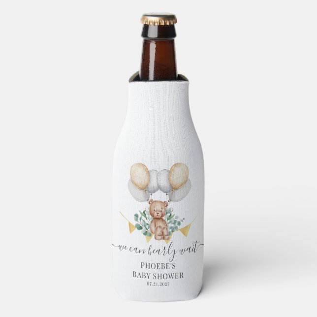Eucalyptus Baby Shower Bearly Wait Bear & Balloons Bottle Cooler (Bottle Front)