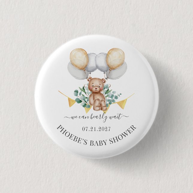 Eucalyptus Baby Shower Bearly Wait Bear & Balloons Button (Front)