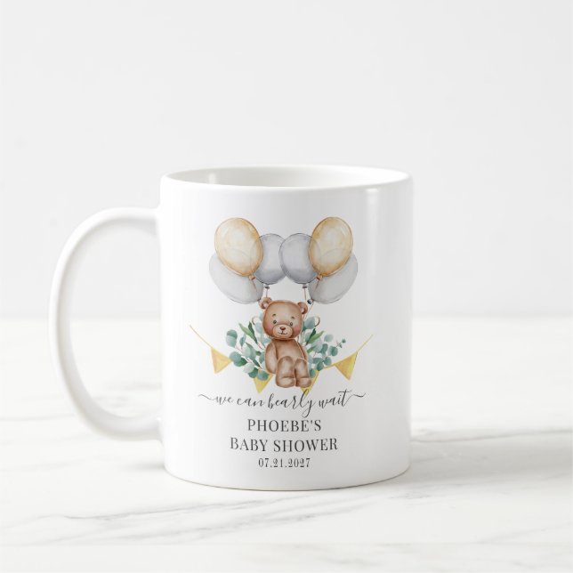 Eucalyptus Baby Shower Bearly Wait Bear & Balloons Coffee Mug (Left)