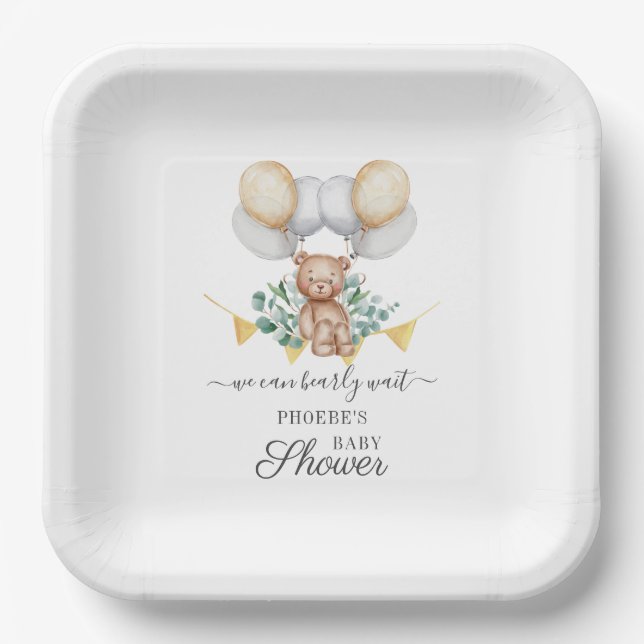 Eucalyptus Baby Shower Bearly Wait Bear & Balloons Paper Plates (Front)