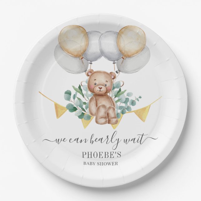 Eucalyptus Baby Shower Bearly Wait Bear & Balloons Paper Plates (Front)