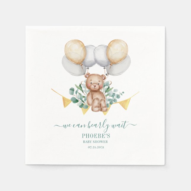 Eucalyptus Baby Shower Bearly Wait Bear Paper Napkins (Front)