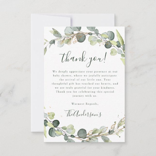 Eucalyptus Baby Shower Boho Rustic Thank You Card (Front)
