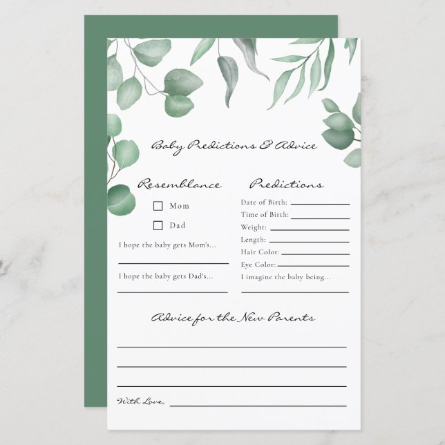 Eucalyptus Baby Shower Game Predictions & Advice (Front/Back)