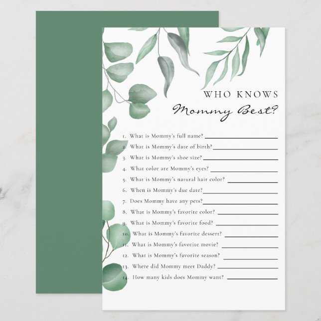 Eucalyptus Baby Shower Game Who knows Mommy Best (Front/Back)