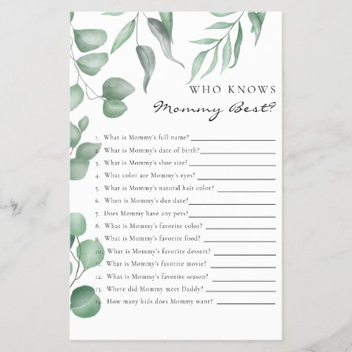Eucalyptus Baby Shower Game Who knows Mommy Best Flyer