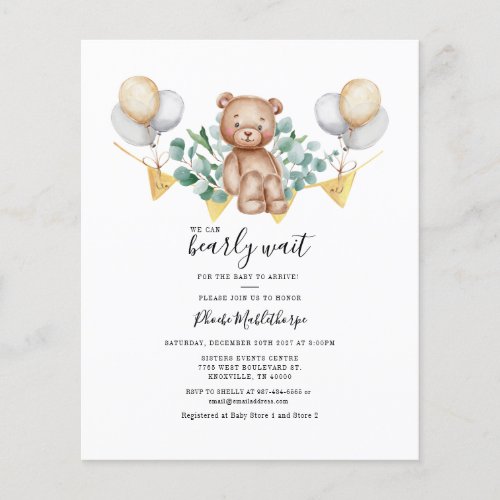 Eucalyptus Baby Shower Greenery Bear Invitation Flyer